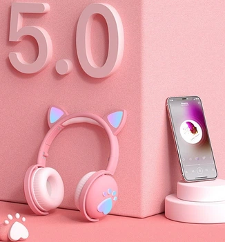 Беспроводные наушники "CAT" BK1 с кошачьими ушками и LED лапками PINK