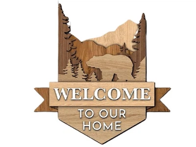 Эко-картина 3д, 3d из дерева, медведь в лесу. Картина для входа - Welcome to our home. Ручная работа. Картина покрыта натуральными морилками и лаком на водной основе. Размер 28х28 см.