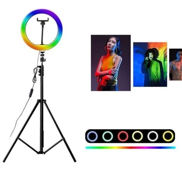 Разноцветная кольцевая LED лампа 20 см с держателем для смартфона + штатив 210 см UKC MJ20 RGB