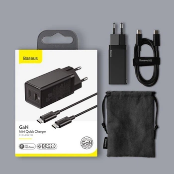 Блок питания Baseus GaN Quick Charger 45W (Type-С+USB) + кабель USB-C 60W black