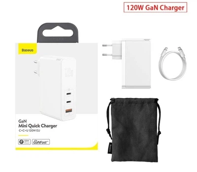 Блок питания Baseus GaN 120W Quick Charger 4.0/PD 3.0 + кабель USB-C 100W для MacBook/Huawei/Samsung/Asus/Google/Lenovo white