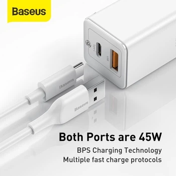 Блок питания Baseus GaN Quick Charger 45W (Type-С+USB) + кабель USB-C 60W white