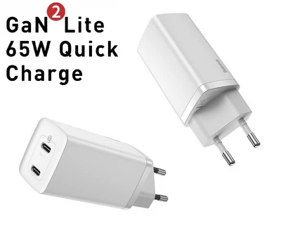 Блок питания Baseus GaN2 Lite Quick Charger 65W (2 Type-C) для MacBook/Asus/Lenovo/HP/Google/Huawei/Samsung white