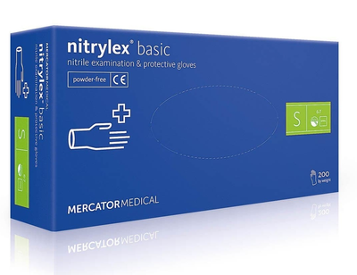 Рукавички нітрилові (S) Mercator Medical Nitrylex Basic сині (17202100) 200 шт 100 пар (10уп/ящ)