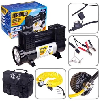 Компрессор "Торнадо" КА-Т12191 150psi/28Amp/90л/клеммы/фонарь/шланг 7,5м с дефлятором/2 цилиндра (КА-Т12191)