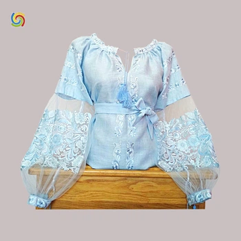 Сорочка Українська вишиванка 242905 колір блакитний розмір M/L