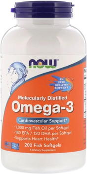 Омега-3 1000 мг, 180 EPA/120 DHA, Molecularly Distilled Omega-3, Now Foods 200 капсул из рыбьего желе (733739016485)
