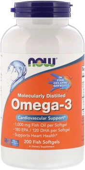 Омега-3 1000 мг, 180 EPA/120 DHA, Molecularly Distilled Omega-3, Now Foods 200 капсул із риб'ячого жиру (733739016485)