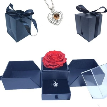 Подарочный набор настоящая стабилизированная Роза в коробке (шкатулке) для украшений Rose Box и кулон I lOVE YOU (на 100 языках мира)