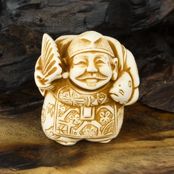 Статуэтка Нэцкэ Эбису с веером Netsuke Гипс 4.7x4x3.9 см Бежевый (12718)