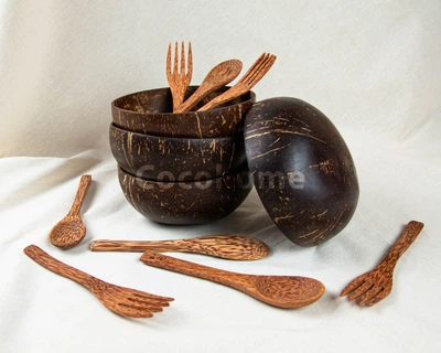 Набір еко посуду з кокоса Coconut Home на 4 персони 12 предметів поліровані кокосові чаші і столові прилади (893 -105)