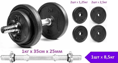 Гантель разборная 8.5 кг чугунная RN-Sport (RN_QTR8.5) металлический хромированный гриф 35см х 25мм