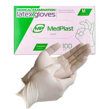Рукавички латексні медичні MedPlast одноразові оглядові опудрені M 100 шт (50 пар)