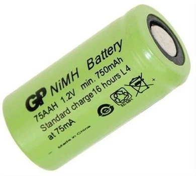 Аккумулятор промышленный GP 75AAH, Ni-MH 2/3AA, 750mAh, 1.2V, 2.25A, flat top