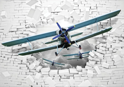 Фотообои флизелиновые DecoArt 3D - самолёты в кирпичной стене 254 x 184 см 2 сегмента (10407-V4)