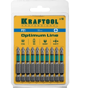 Бита PZ1-50 мм.Kraftool с насечеками NSS стержень SLIM FIT 10 штук