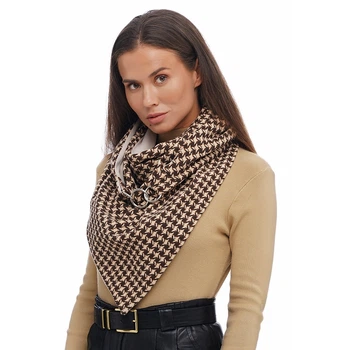 Шарф женский "Эдинбург" большой MyScarf теплый one size коричневый с принтом гусиная лапка на бежевой подкладке с кольцами
