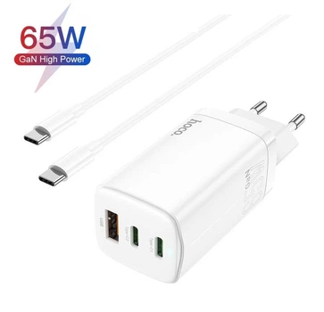 Блок питания Hoco GaN Quick Charger 65W (2 Type-С+USB) + кабель USB-C для MacBook/Asus/Lenovo/HP/Google/Huawei/Samsung