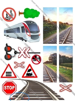 Сахарна їстівна картинка поїзд, рельсы, дорожные знаки вис. 10*4 см, вис. 6 см для чоловіка, сина, коханій людині на капкейки і топпери (SNP - 00379)