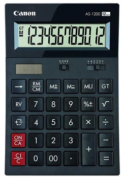 Калькулятор Canon AS-1200 Black (4599B001); настольный, 12-разрядный, литиевая + солнечная батарея (двойное), 177 x 119 x 37 мм