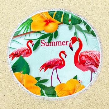 Пляжний круглий рушник d=150 см з мікрофібри, килимок-покривало Beach Holiday підстилка, "Фламінго" для пляжу, яскраве