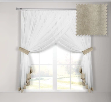 Тюль для кухні Adagio Windows Decor Кларис з білого шифону та кольоровий отдделки 300 х 160см, бежева