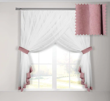 Тюль для кухни Adagio Windows Decor Кларис из белого шифона и цветной отдделки 300 х 160см, розовая