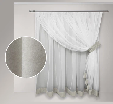 Тюль для кухни Adagio Windows Decor Вероника из белого шифона и цветной отдделки 300 х 160см,светло-серая