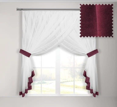 Тюль для кухни Adagio Windows Decor Кларис из белого шифона и цветной отдделки 300 х 160см, цвета бургунди