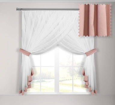 Тюль для кухни Adagio Windows Decor Кларис из белого шифона и цветной отдделки 300 х 160см, персиково-розовая