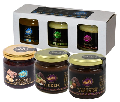 Подарочный медовый набор №11"Anvi-honey", Мед “шоколад / волосский орех”, мед “сникерс”, мед “шоколад / фундук”