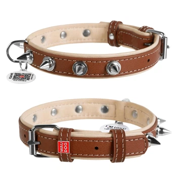 Ошейник для собак кожаный WAUDOG Soft с QR паспортом, с шипами, L, Ш 35 мм, Дл 46-60 см