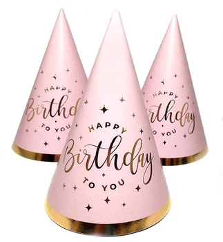 Колпачки бумажные "Happy Birthday" (5шт.), высота - 15 см, картон высокого качества, цвет - розовый