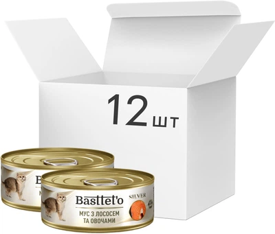 Упаковка вологого корму для котів Basttet`o Silver мус із лососем та овочами 12 шт по 85 г (4820185492553)