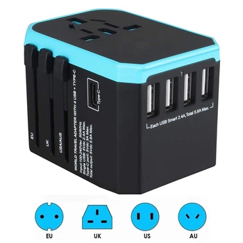 Мережевий дорожній універсальний адаптер Masslinna 4 USB + Type-C Black/Blue (NA1)