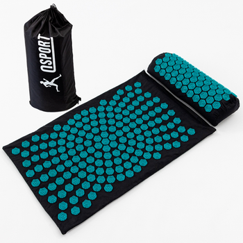Масажний килимок Аплікатор Кузнєцова + валик масажер для спини/шиї/голови OSPORT Lotus Sun Mat Eco (apl-029) Чорно-бірюзовий