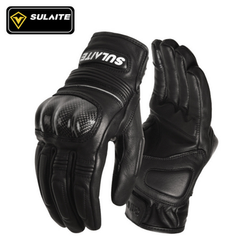 Мотоперчатки кожаные сенсорные с карбоновой защитой SULAITE ( мотоперчатки из натуральной кожи и сенсорными пальцами для мотоцикла, для чоппера, для эндуро) L Черные SLT1103-1
