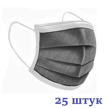 Маски медицинские НЗМ трехслойные не стерильные в индивидуальной упаковке Темно Серые с мельтблауном Украина высокое качество 25 шт
