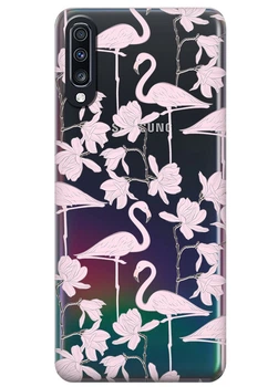 Прозрачный силиконовый чехол iSwag для Samsung Galaxy A70 Розовые фламинго (M6576)
