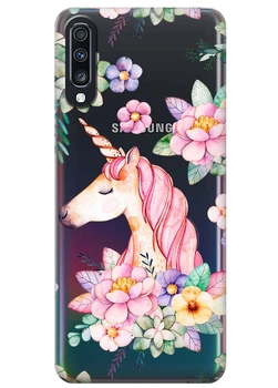Прозрачный силиконовый чехол iSwag для Samsung Galaxy A70 Единорог в цветах (M6542)