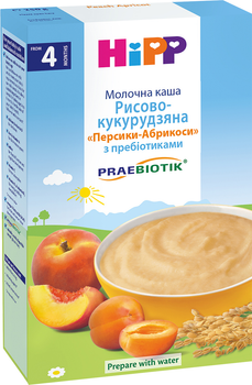 Молочна каша HiPP Рисово-кукурудзяна Персики-Абрикоси з пребіотиками 250 г (9062300113638_9062300140092)