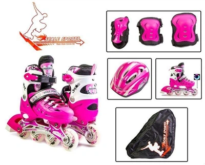 Роликові коньки з комплектом захисту розсувні Scale Sports PINK LF 905 Рожеві размір 34-37 переднє колесо СВІТИТЬСЯ