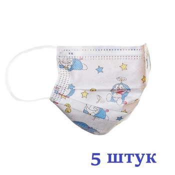 Маски медицинские НЗМ Детские трехслойные не стерильные в индивидуальной упаковке Котик с мельтблауном Украина высокое качество 5 шт