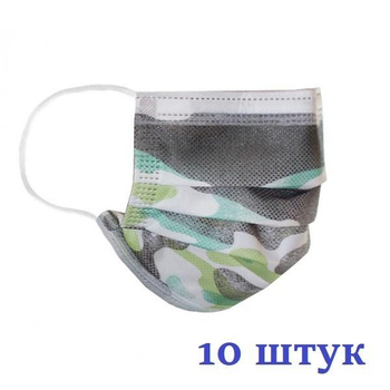 Маски медицинские НЗМ Детские трехслойные не стерильные в индивидуальной упаковке Камуфляж с мельтблауном Украина высокое качество 10 шт