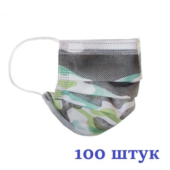 Маски медичні НЗМ Дитячі тришарові не стерильні в індивідуальній упаковці Камуфляж з мельтблауном Україна 100 шт