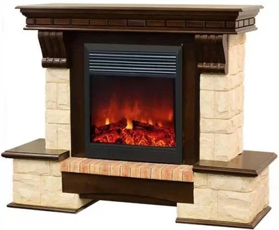 Пристенный камин Fireplace Амстердам Желтый + Орех эффект живого пламени со звуком и обогревом