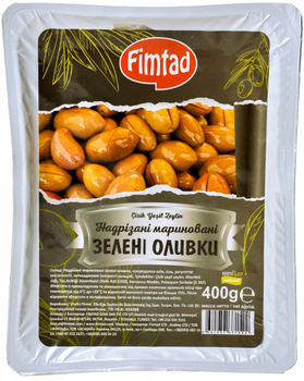 Оливки зелені Fimtad з кісточками надрізані 400 г (8681957371522)