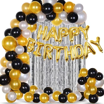 Фотозона на день рождения из 85 шаров с фольгированной золотой надписью Happy Birthday шторкой фольгированной серебро