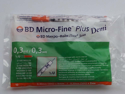 Шприц инсулиновый Micro-Fine Plus DEMI 0,3мл U-100 0,30 (30G) 10 штук (МИКРО ФАЙН ПЛЮС)
