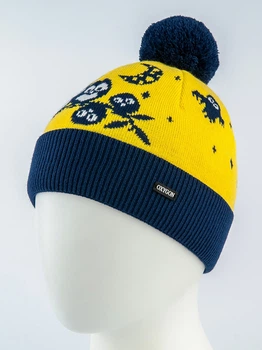 Детская шапка из пряжи с помпоном OWL One Size (52-54) Жёлтый / Тёмно-Синий